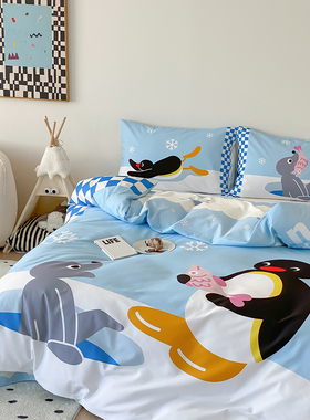 富山商店 x Pingu企鹅家族蓝色可爱robby海豹全棉磨毛床上四件套