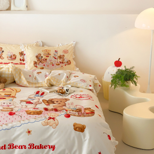 富山商店 法棍小熊Lolita荷叶边系列黄色格子全棉床上宿舍四件套