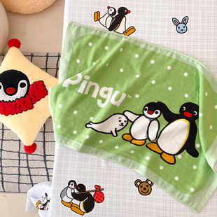 正版 富山商店 Pingu 可爱绿色波点企鹅家族全棉枕巾毛巾 联名