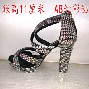 新款dj女歌手主持水钻钢管舞台演出鞋大码40 41 43码跟高11cm钻鞋