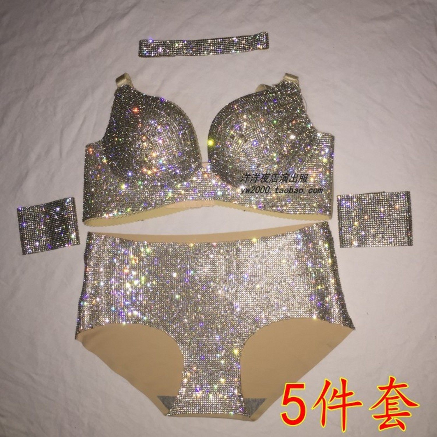 女歌手钢管舞走秀演出水钻闪钻亮钻烫钻演出舞台文胸套装兰色