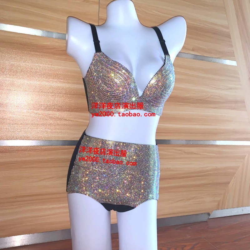 钢管舞烫钻文胸金色高腰裤演出服