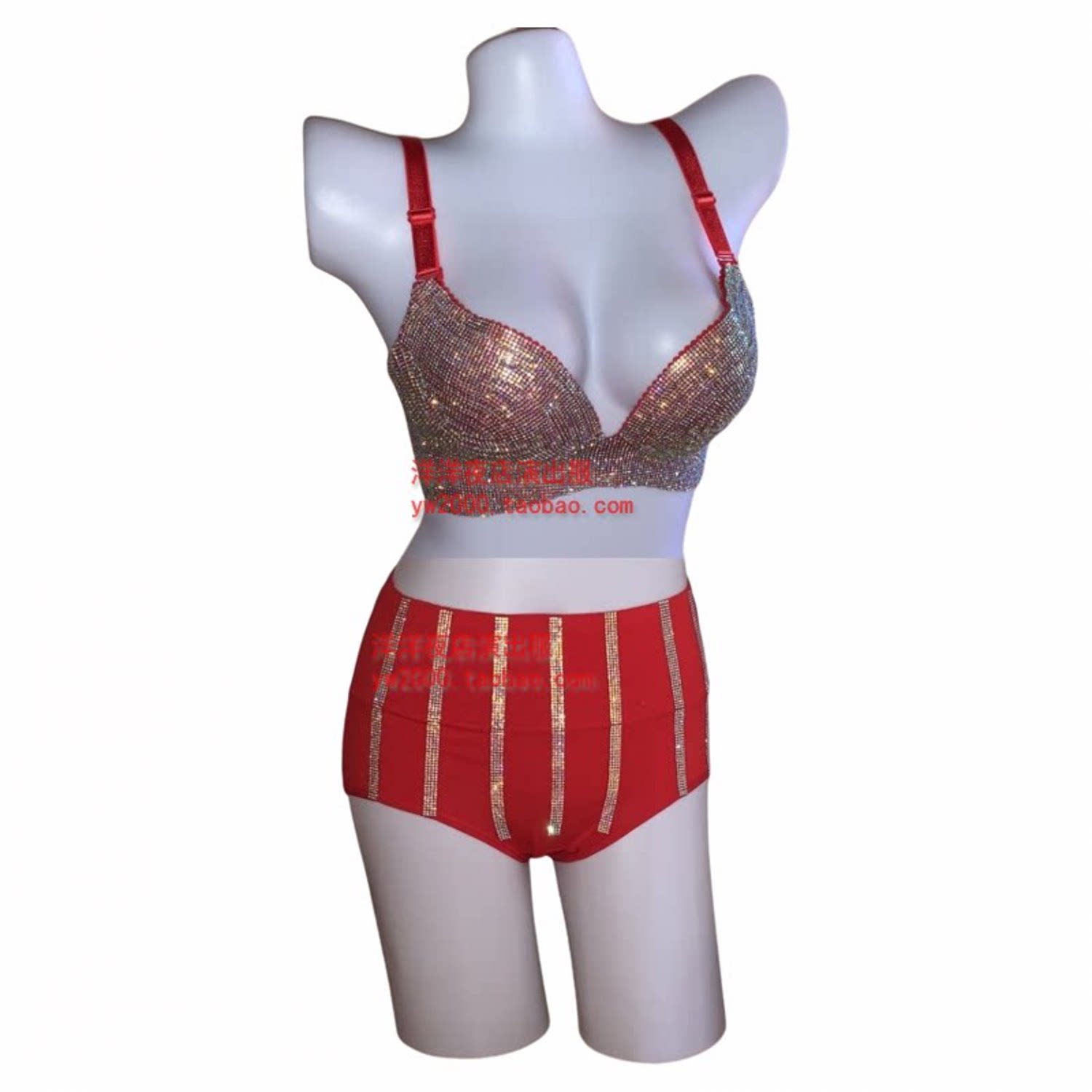酒吧钢管舞 dj走秀表演烫钻水钻比基尼文胸内衣 演出服红色高腰裤