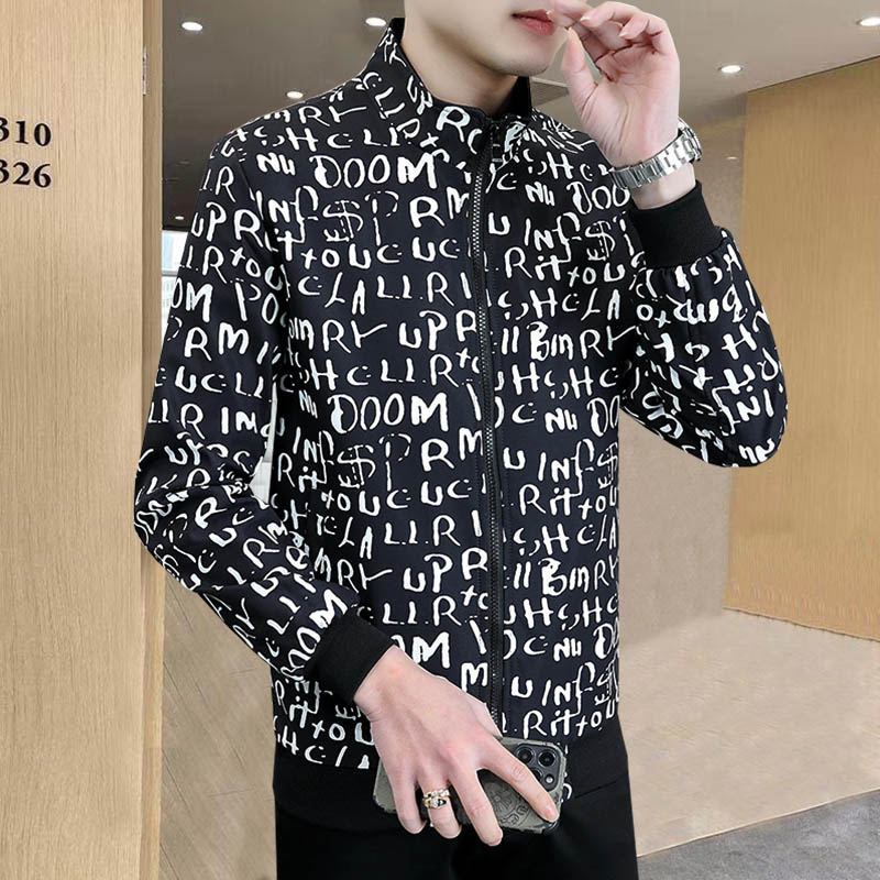 男士夹克衫立领春款加大加肥胖子衣服短款印花青少年学生双层外套