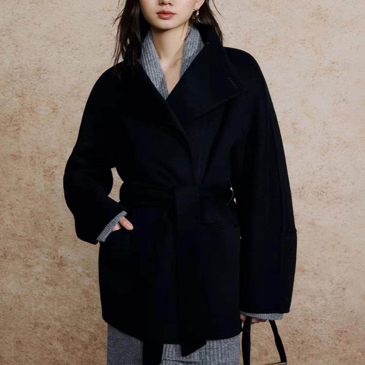 普洛克正品 新款双面羊毛呢外套女中长款宽松两面穿格子围脖大衣