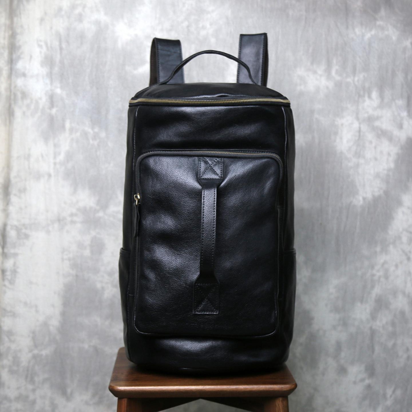 普洛克正品 牛皮大容量双肩包通勤户外真皮旅行背包外贸水桶男包