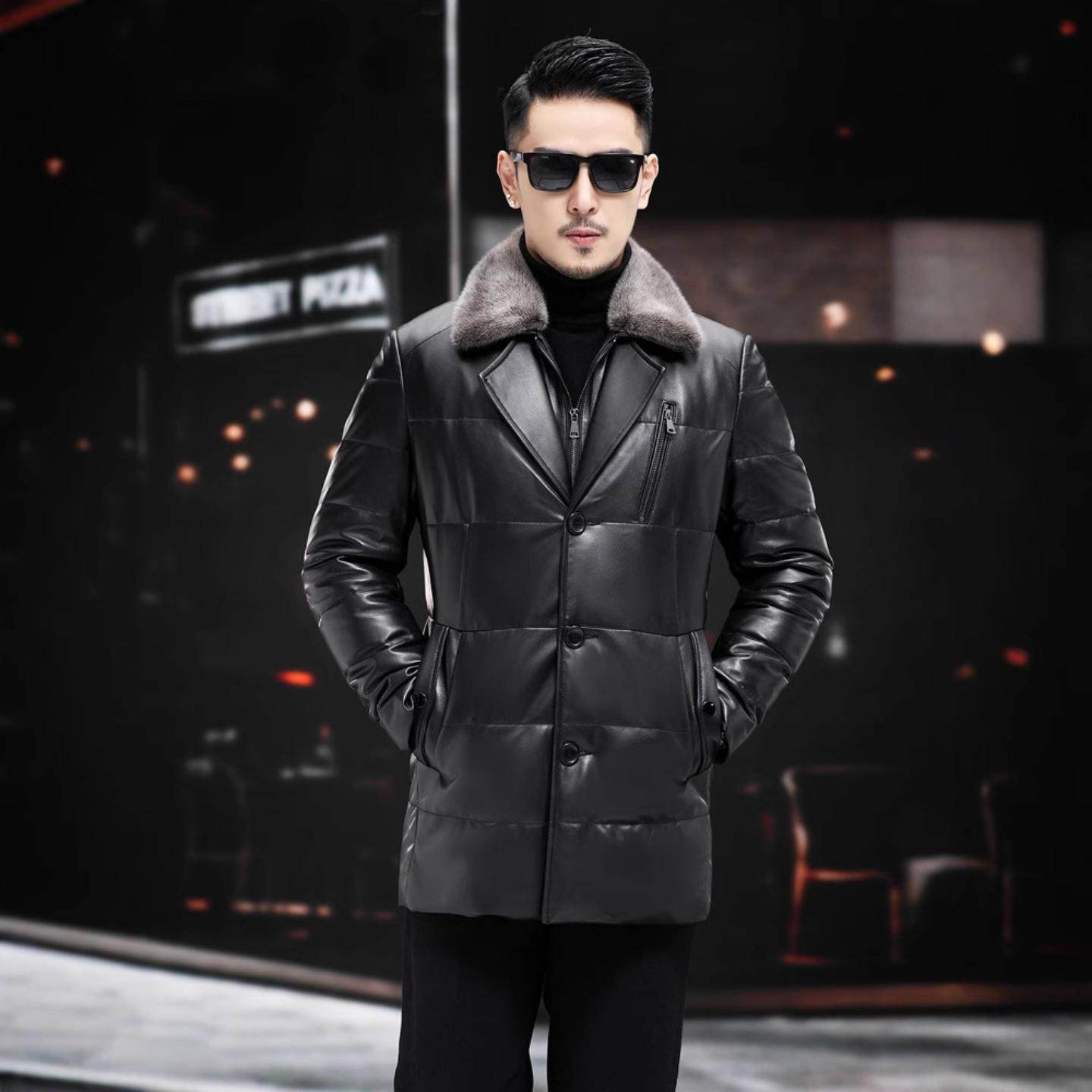 普洛克正品 皮衣羽绒服男装中长款大衣可脱卸水貂毛翻领大码外套