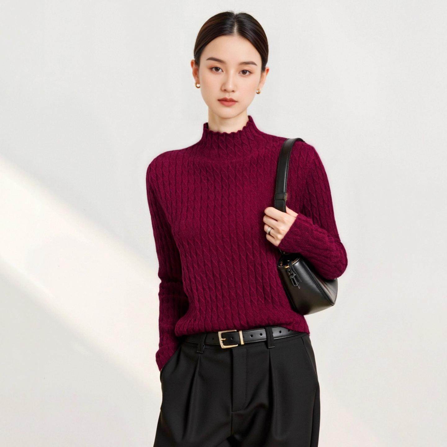 普洛克正品 羊毛衫女半高领套头秋冬打底针织衫厚款麻花毛衣百搭