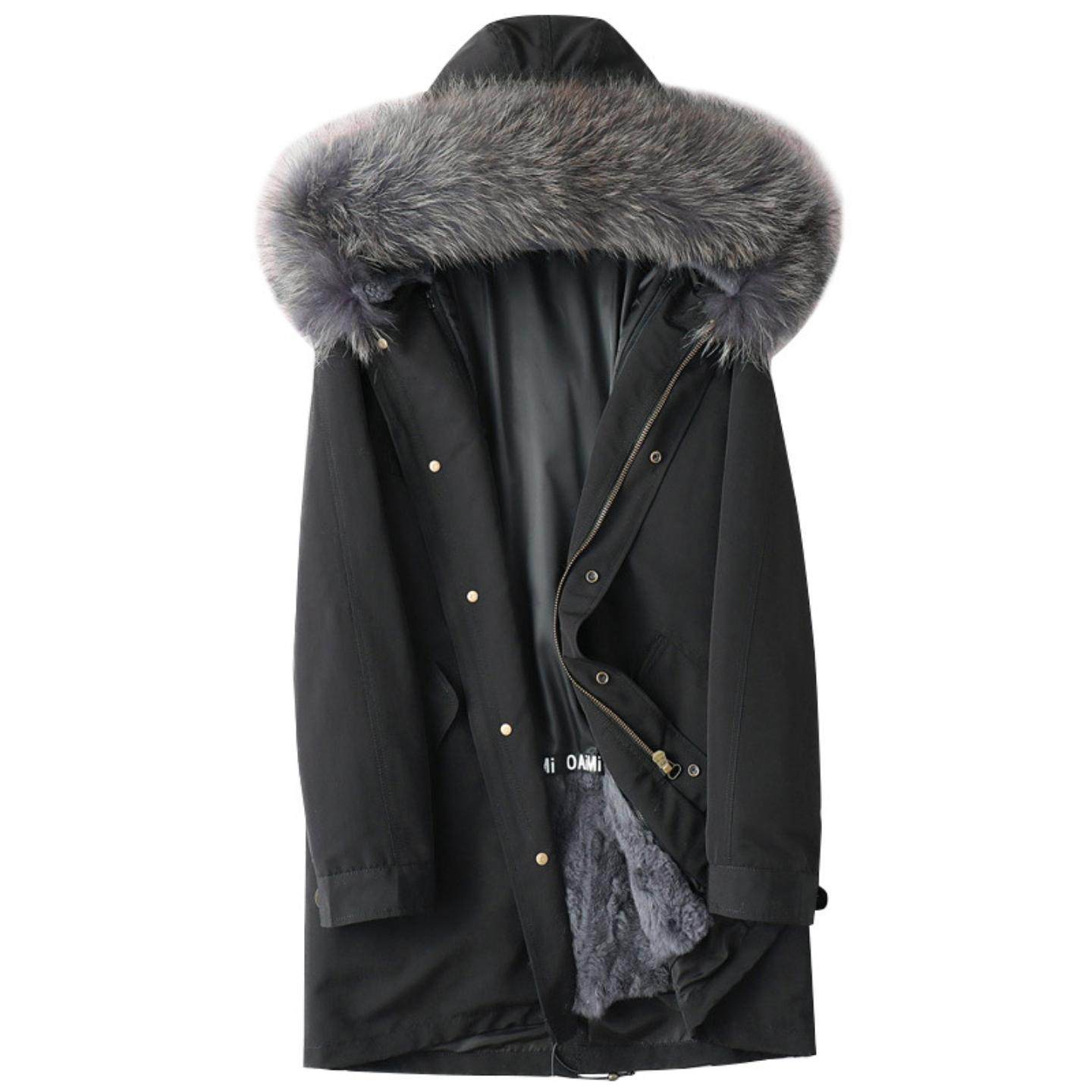 普洛克正品 士兔毛内胆皮草大衣中长款2025新款冬季皮毛一体外套