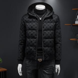 普洛克正品 端冬季新款男士90%白鸭绒暗花亮面羽绒服潮款刺绣外套