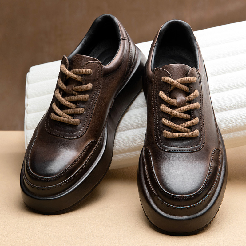 普洛克正品  秋头层牛皮男士鞋内增高休闲皮鞋真皮厚底松糕鞋