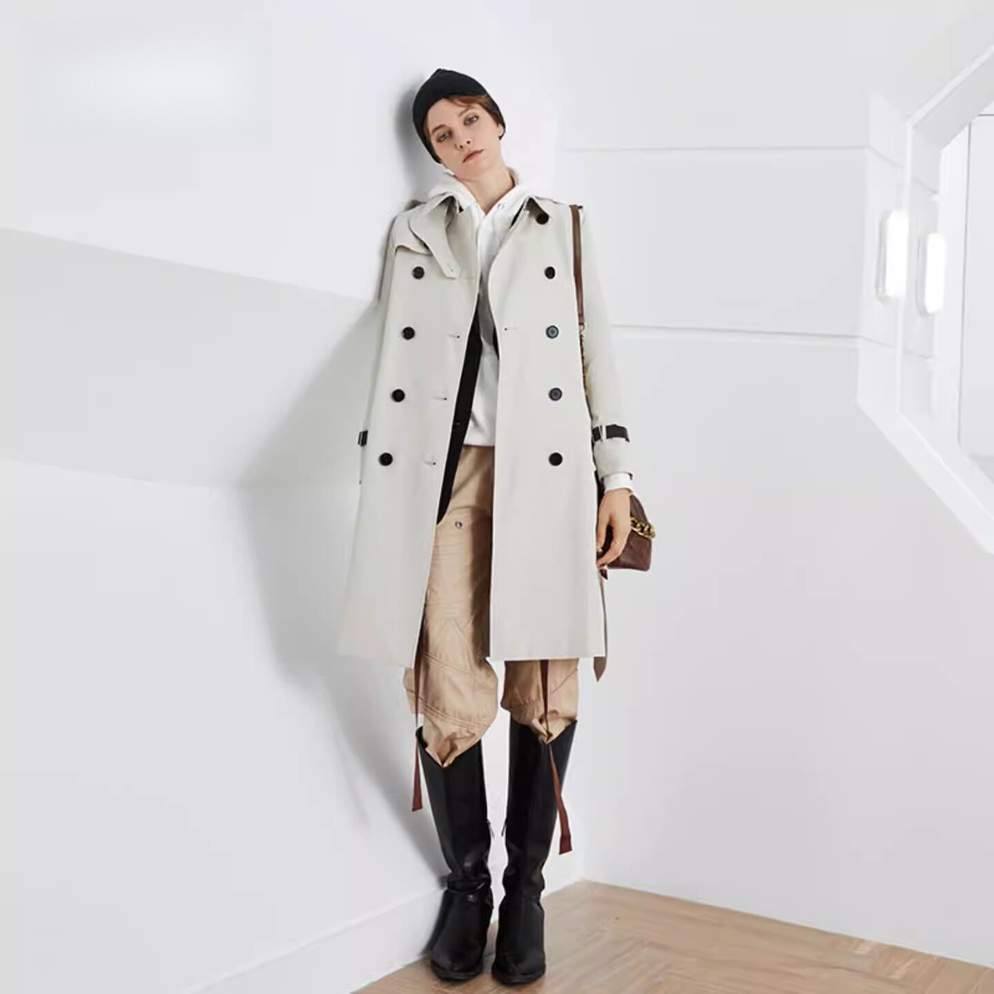 普洛克正品 春秋冬蔻*同款卡其色中长款风衣修身显瘦气质大衣女装