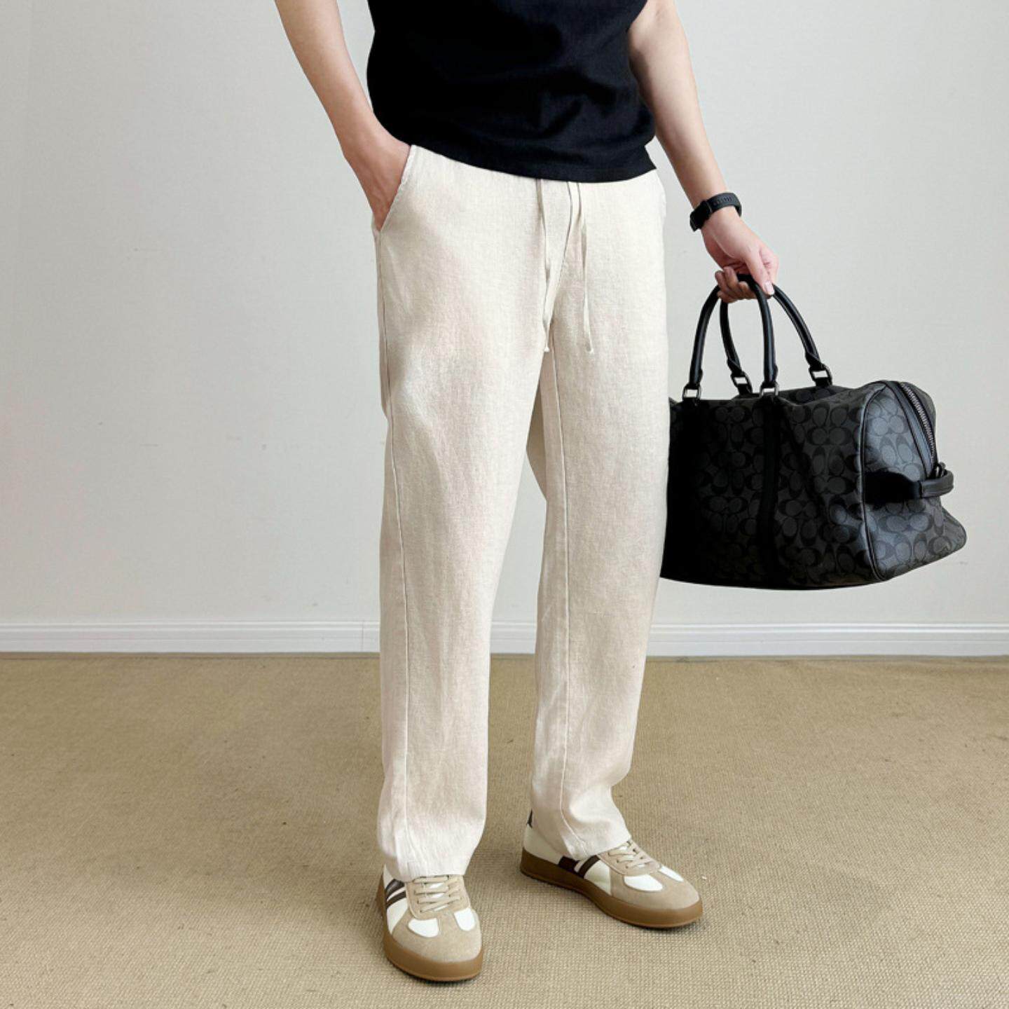 普洛克正品男装 休闲裤春夏松紧抽绳青年商务麻类老钱直筒长裤子