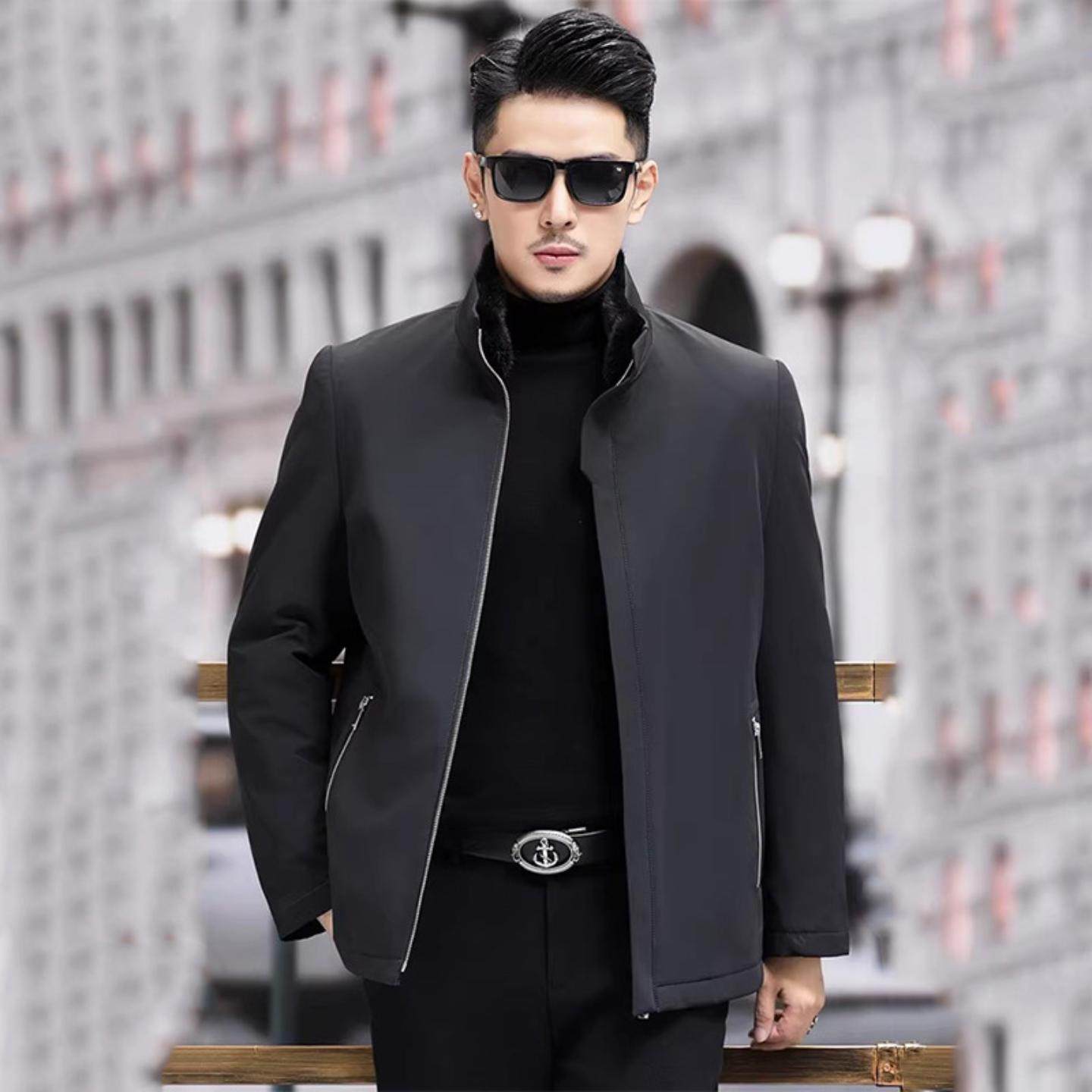 普洛克正品 款水貂内胆皮毛一体立领服皮草貂皮大衣外套爸爸装冬