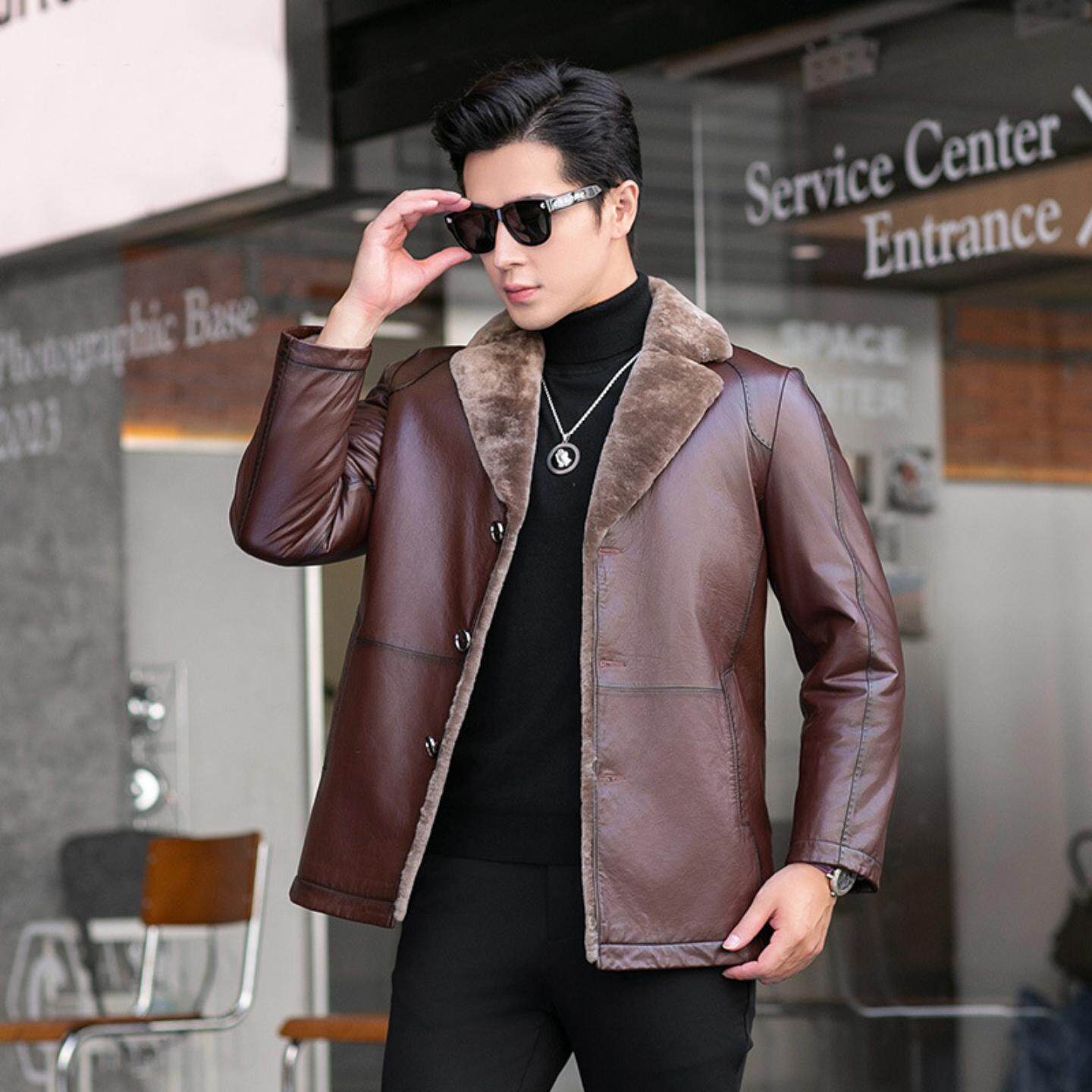 普洛克正品 皮衣男中长款皮毛一体羊毛内胆皮夹克保暖爸爸装外套