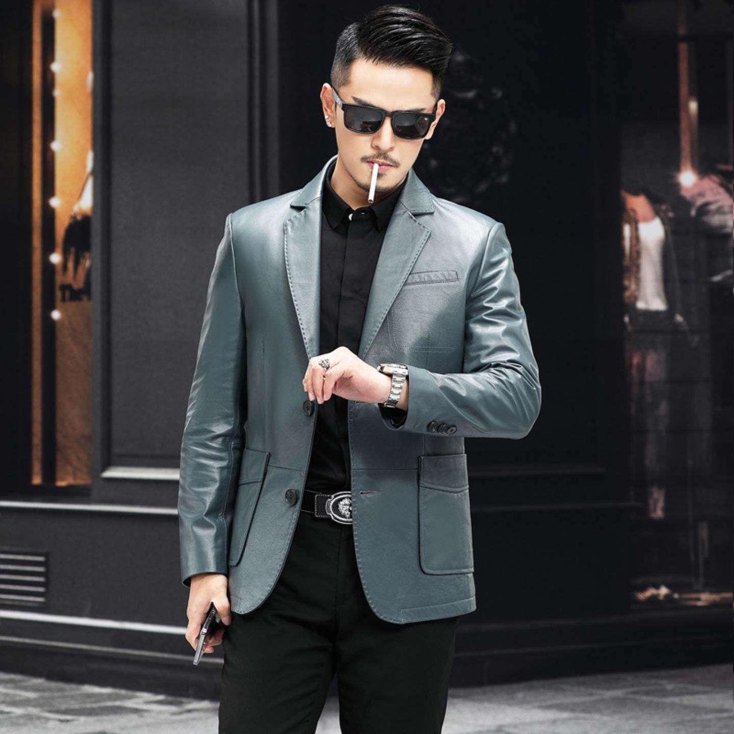 普洛克正品 皮衣男士头层小牛皮西装修身商务秋冬西服羽绒服外套