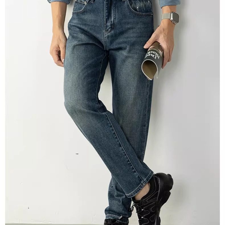 普洛克正品 水洗刺绣弹力牛仔裤男长裤微阔直筒透气休闲裤秋季