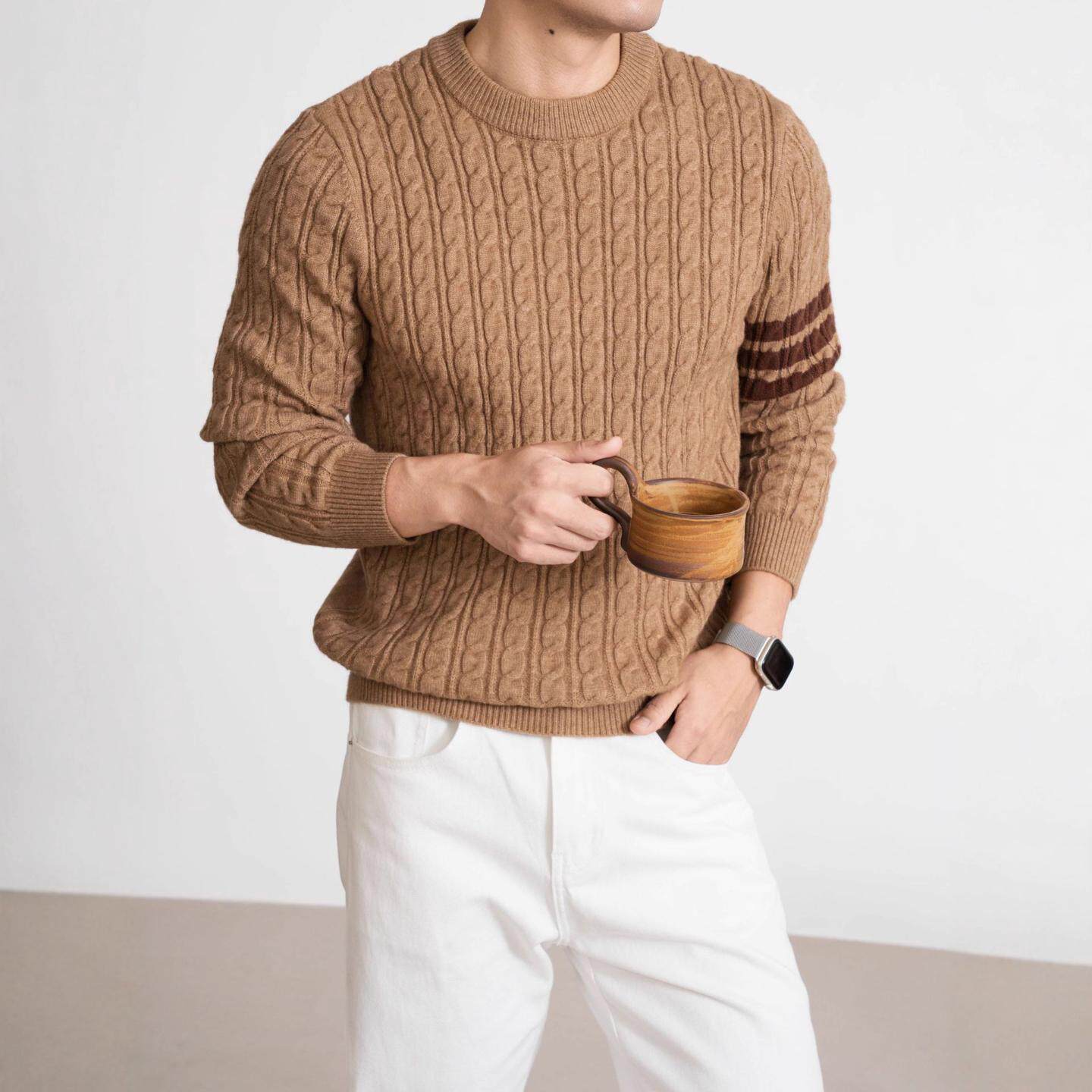 普洛克正品 毛衣含羊毛不易起球圆领麻花绞花加厚时尚麻花针织衫