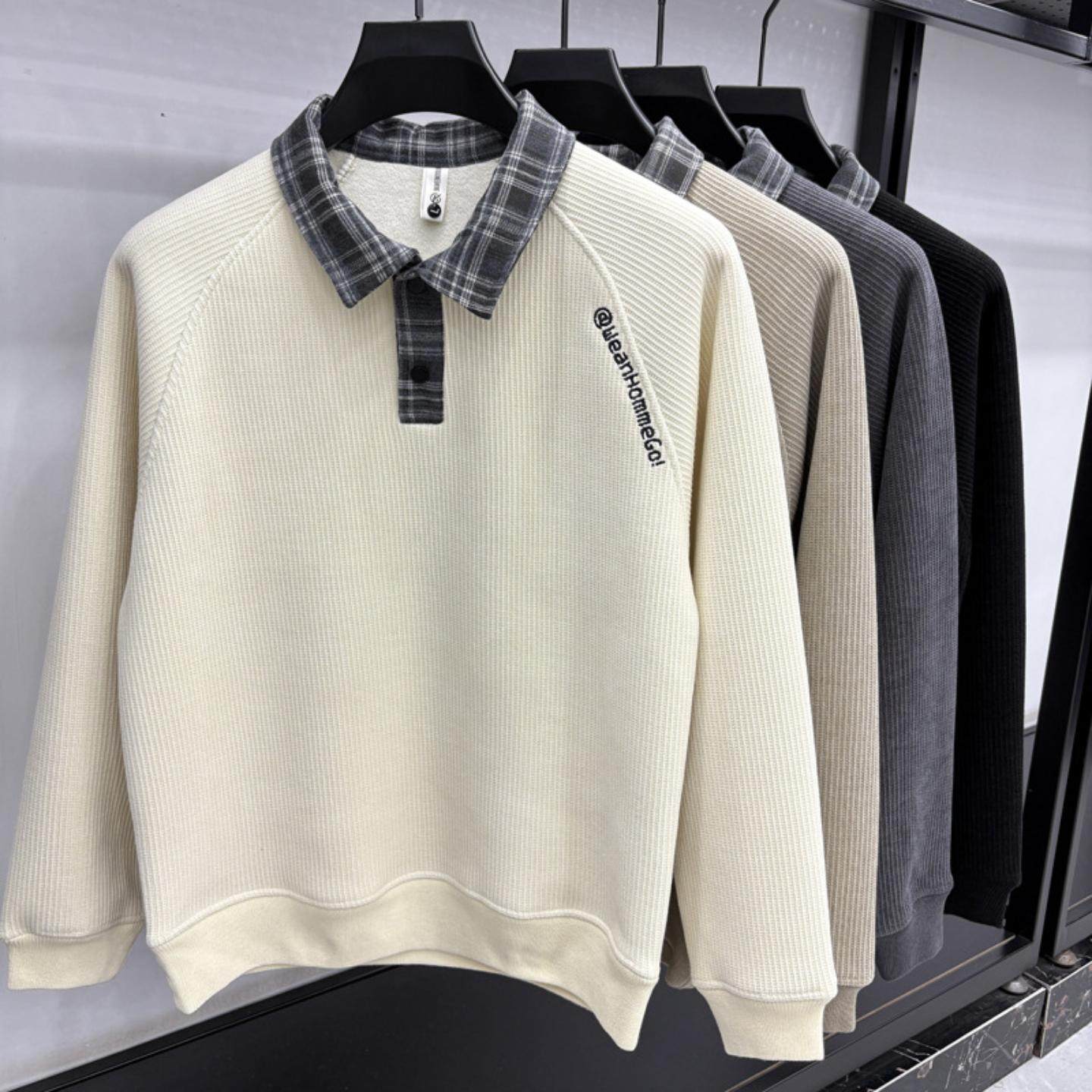 普洛克正品 男士毛衣异色格子衬衫领针织衫休闲落肩百搭刺绣毛衫