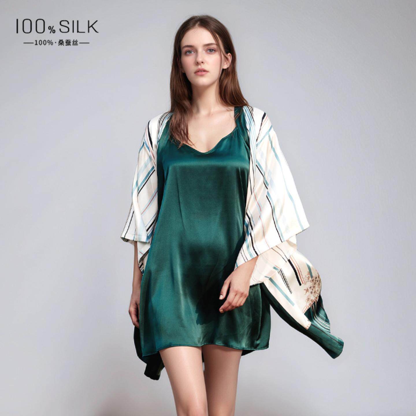 普洛克正品 真丝睡裙睡袍两件套100桑蚕丝吊带裙晨袍家居服套装