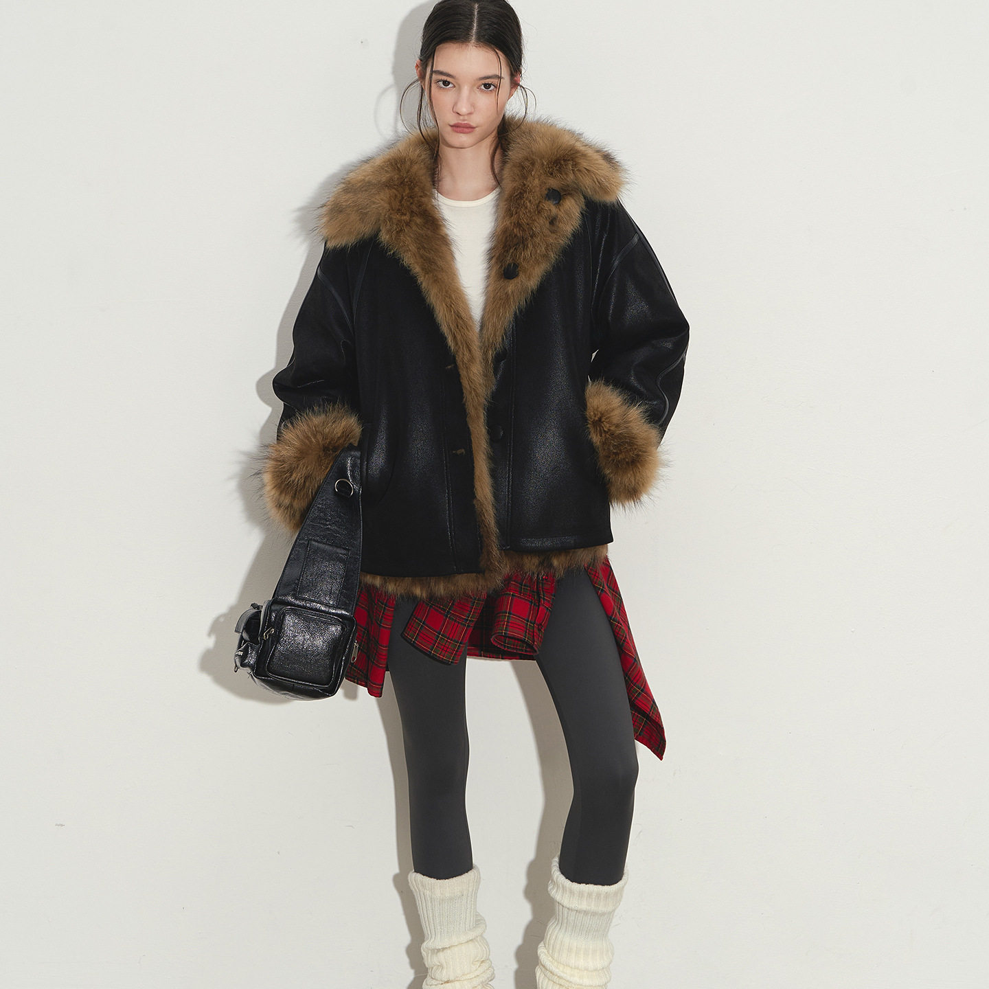 普洛克正品 黑桃千金美拉德两穿貉子毛双面服外套女皮草秋冬大衣