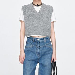 普洛克正品 v领针织马甲女装时尚洋气上新穿搭袖混色灰色短款背心