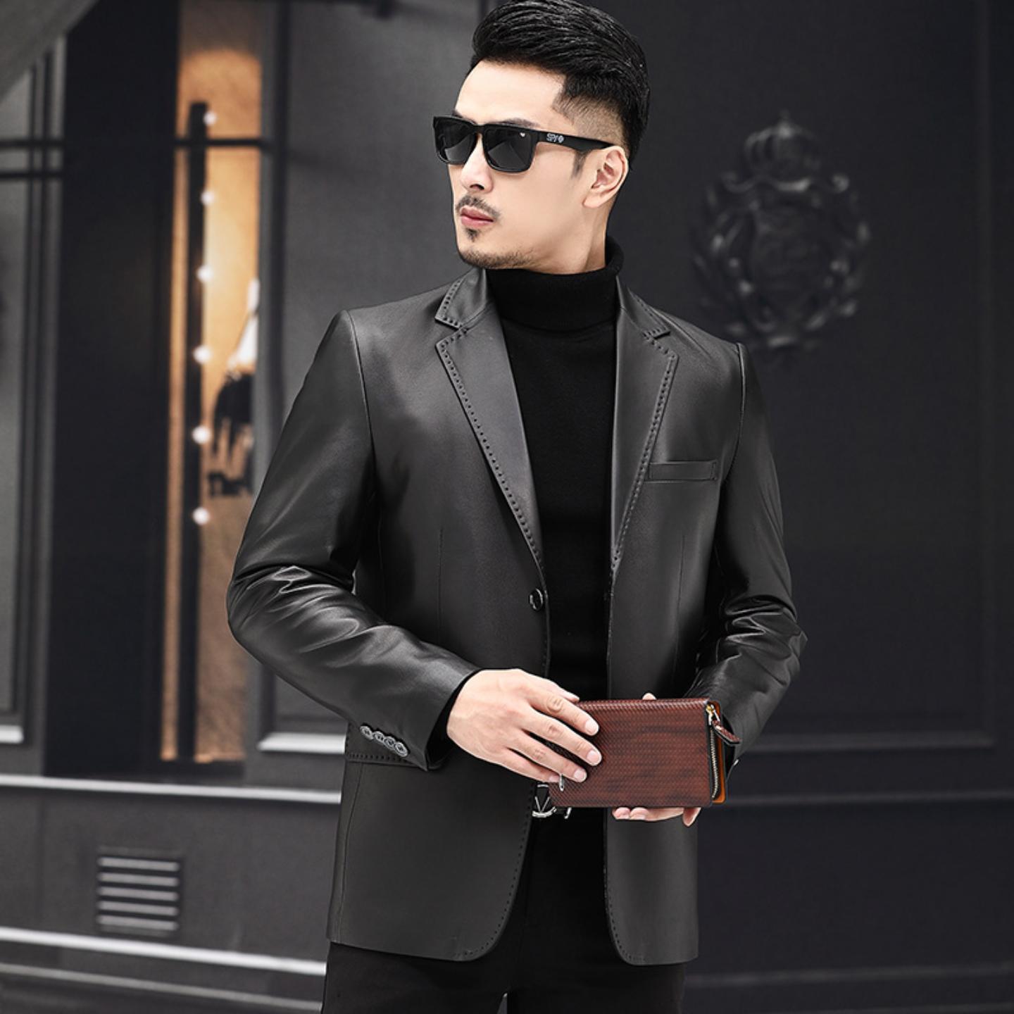 普洛克正品 真皮皮衣男绵羊皮西服单皮外套百搭商务休闲皮衣纯色