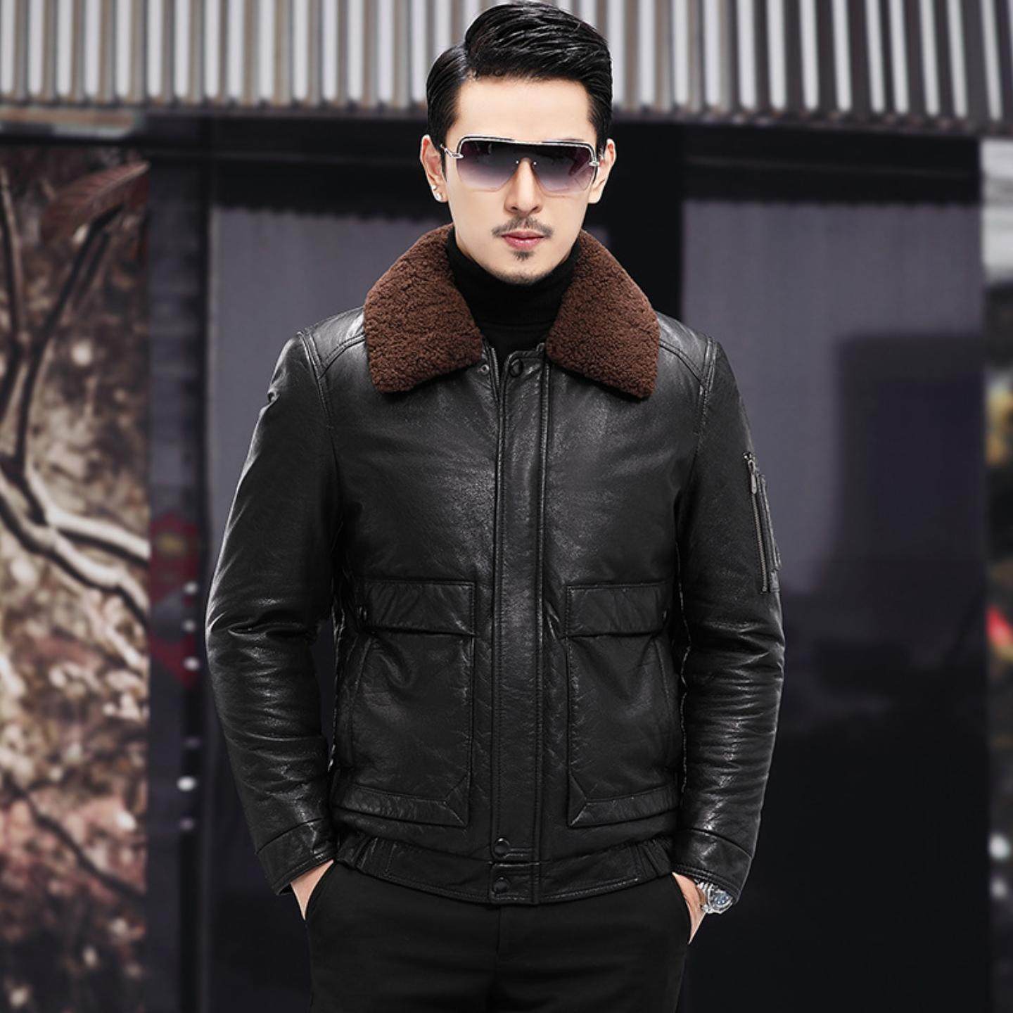 普洛克正品 保暖羽绒服皮衣男头层牛皮皮夹克羊毛翻领白鹅绒外套