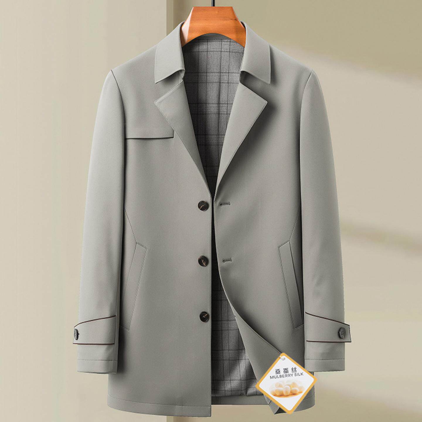 普洛克正品 蚕丝西装领风衣男士中长款夹克中年爸爸商务行政外套