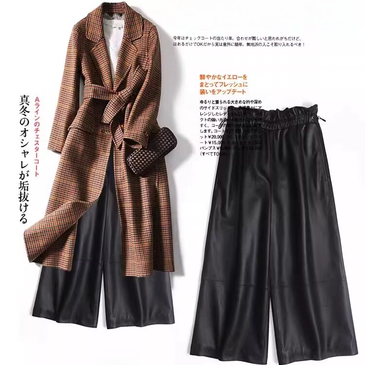 普洛克正品 皮裤女高腰显瘦阔腿裤绵羊皮休闲裤宽松直筒九分长裤