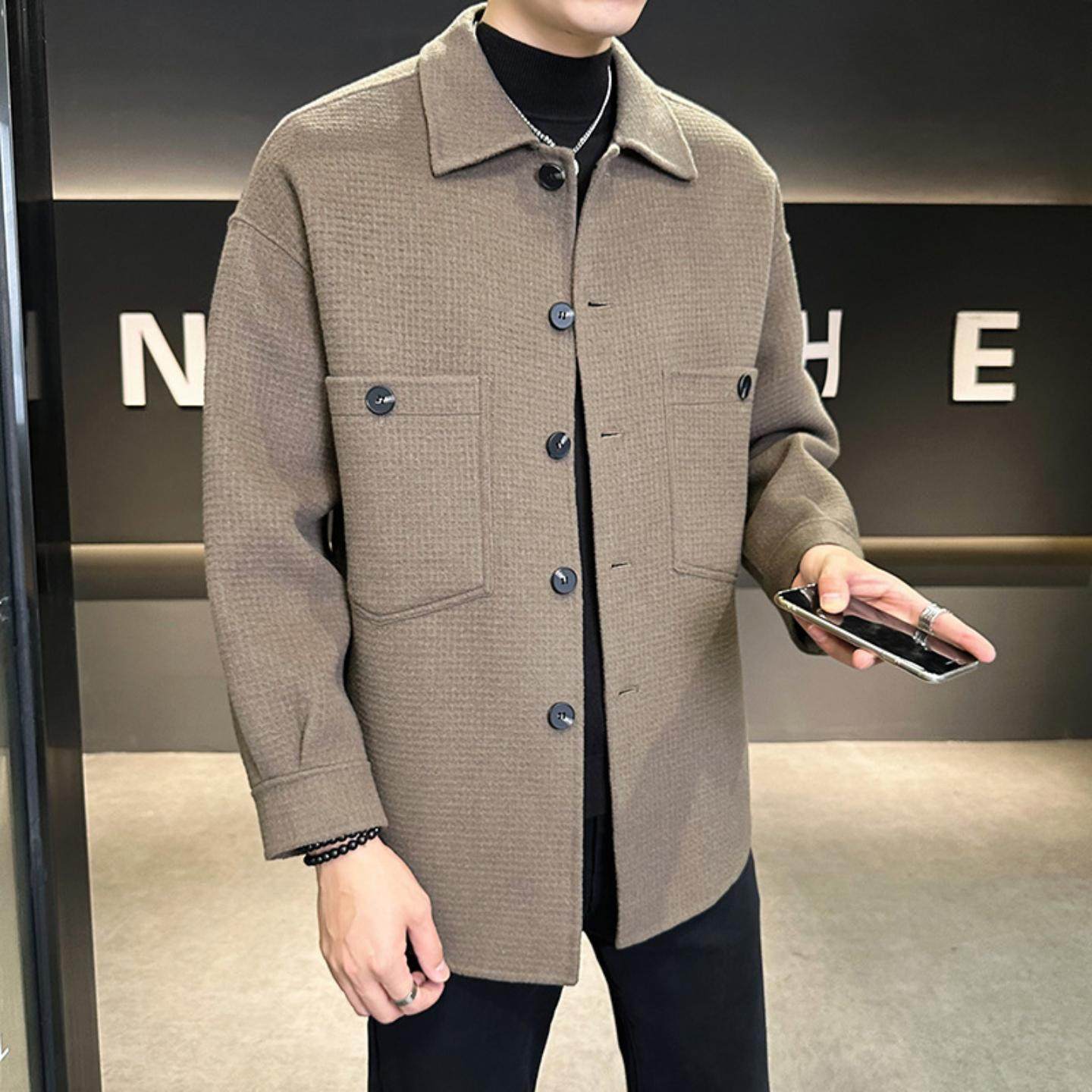 普洛克正品 翻领夹克男士双面羊毛呢外套大版青年潮款衬衫式外套