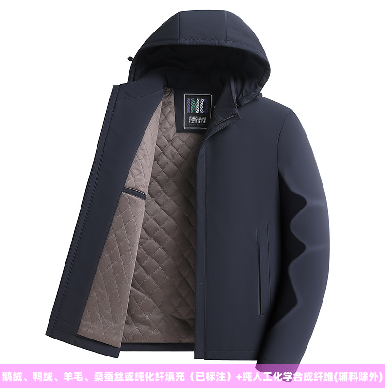 普洛克正品 男棉服羊毛桑蚕丝填充加绒加厚可脱内胆商务父亲外套