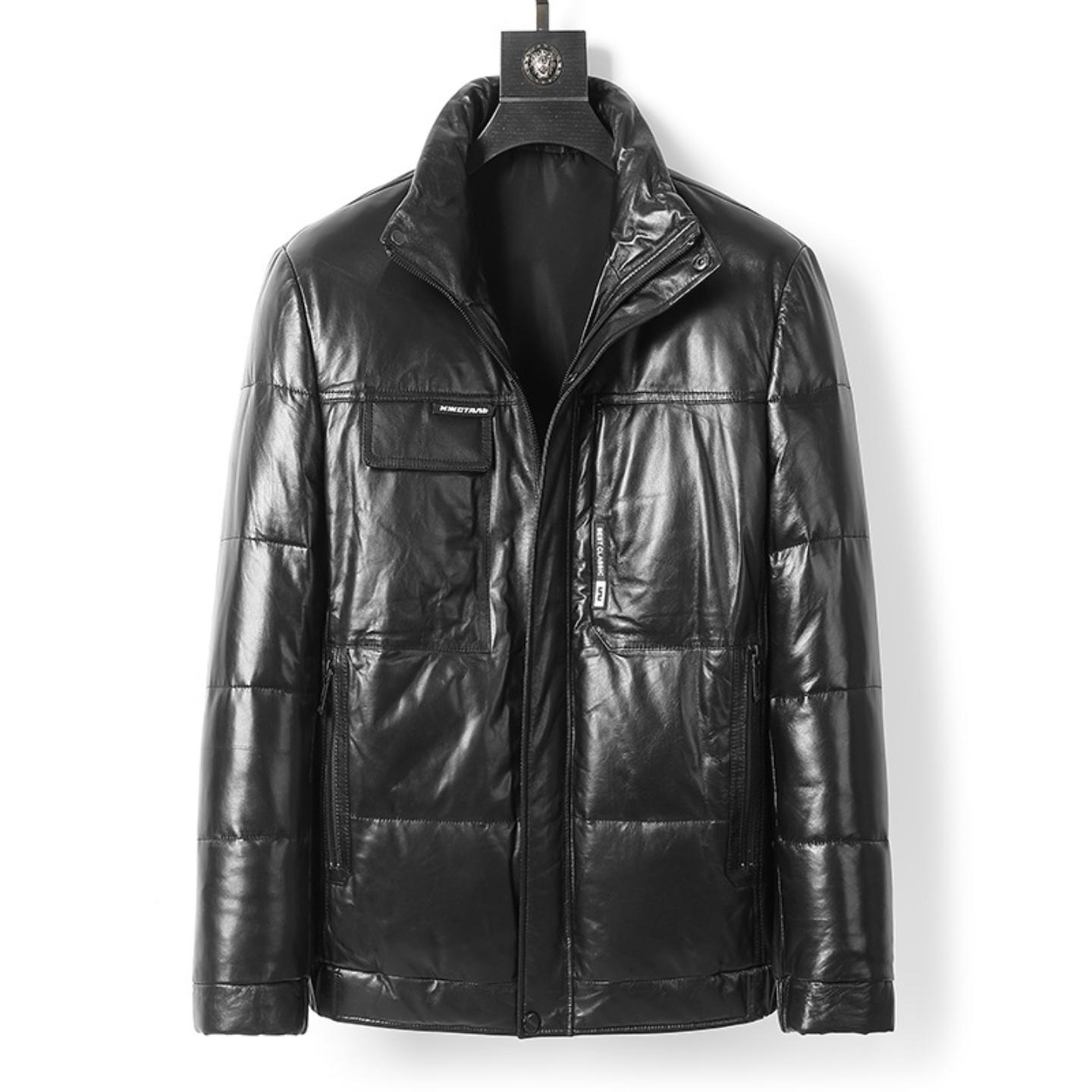 普洛克正品 男真皮羽绒服绵羊皮夹克立领短款外套加厚防风爸爸装