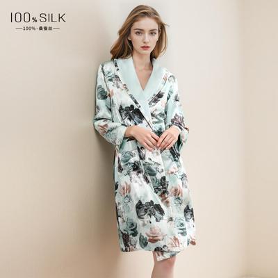 普洛克正品 磅真丝睡袍女秋冬款100%桑蚕丝绸拉绒喷绘家居服晨袍