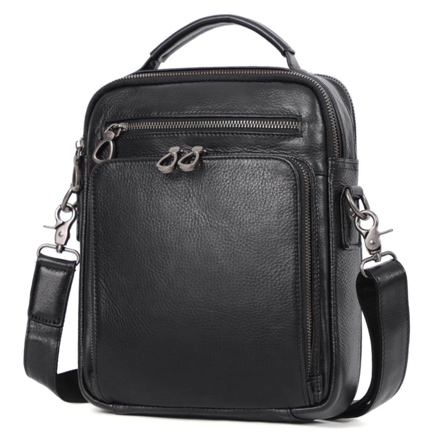 普洛克正品 真皮斜挎包头层牛皮男士手提包多隔层大容量黑单肩包