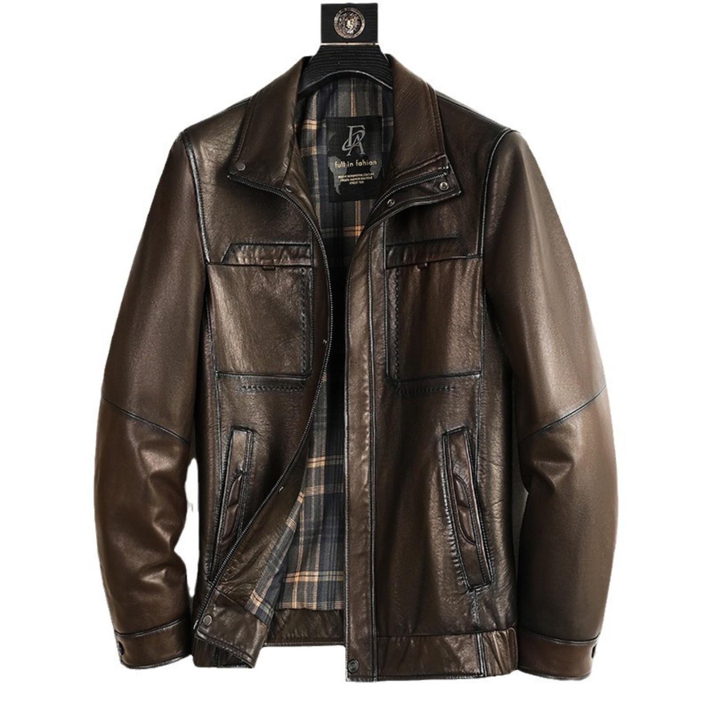 普洛克正品 真皮皮衣男油蜡绵羊皮外套复古商务夹克休闲男装翻领