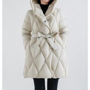 普洛克正品 羽绒服面包服女款菱格中长款鹅绒服女装白色连帽外套