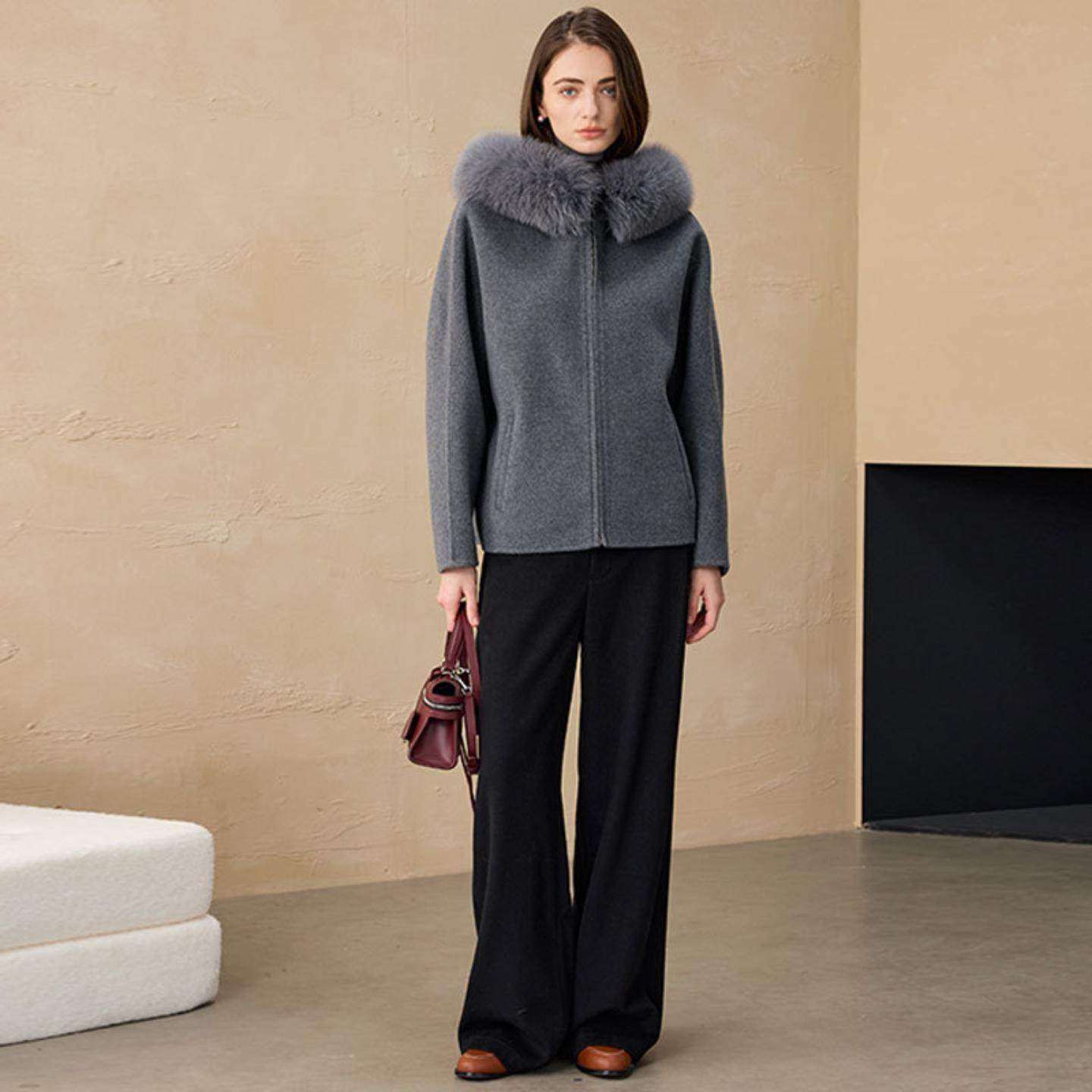 普洛克正品 大衣狐狸毛领休闲羊驼毛外套小个子双面呢羊毛风衣女