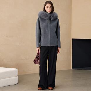 普洛克正品 大衣狐狸毛领休闲羊驼毛外套小个子双面呢羊毛风衣女