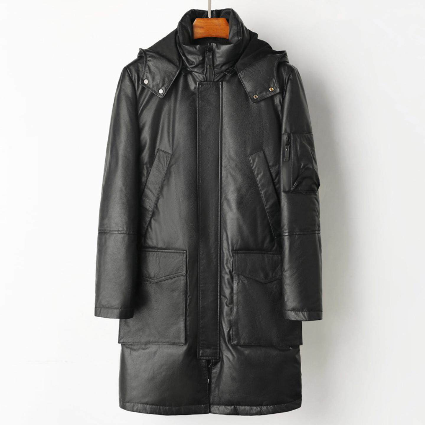 普洛克正品 真皮皮衣男头层牛皮白鸭绒羽绒服中长款连帽皮夹克