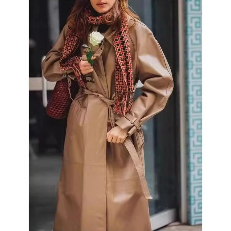 普洛克正品 真皮风衣中长款真皮皮衣女式外套大衣春秋冬新款女装