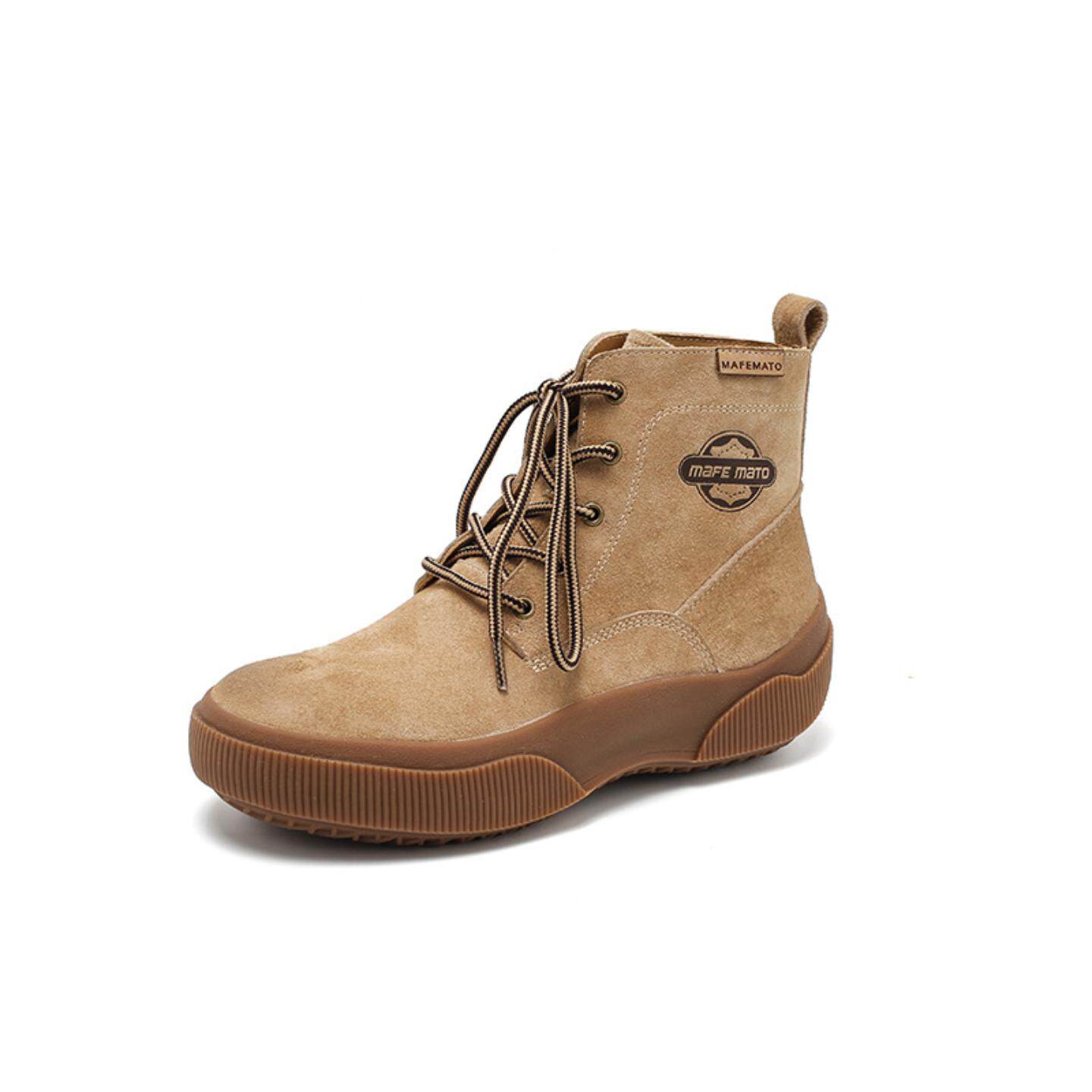 普洛克正品 头层牛皮真皮马丁靴女平底大黄靴户外高帮工装鞋短靴