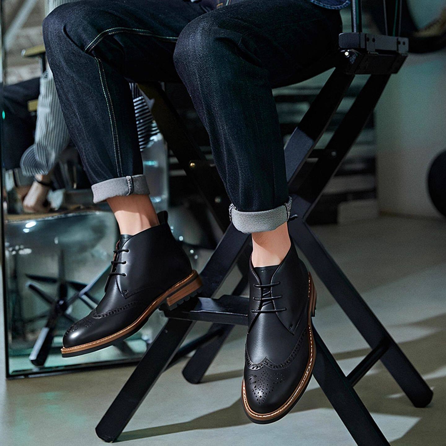 普洛克正品 男低帮秋冬新款英伦风真皮复古加绒雕花工装马丁短靴