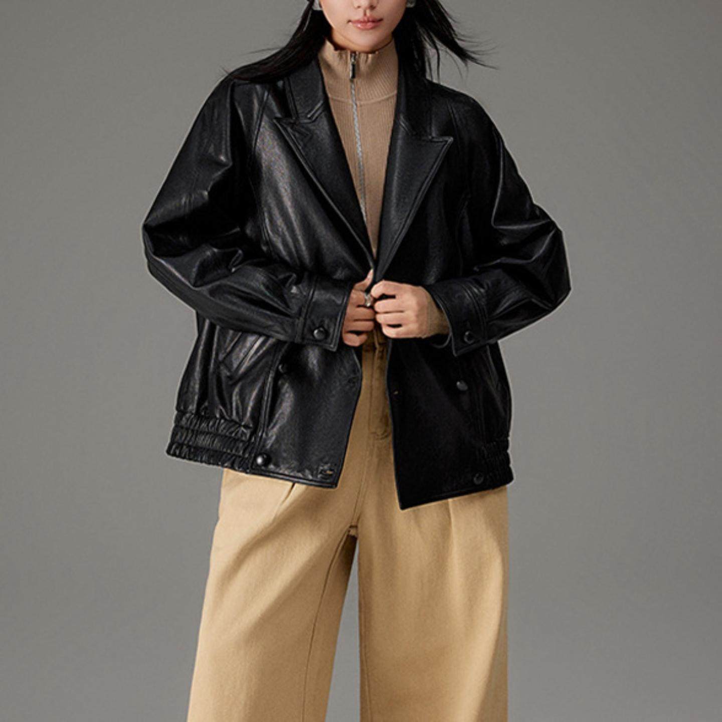 普洛克正品 春秋冬美拉德复古西装领廓形外套进口全植鞣羊皮夹克,女装/女士精品,皮衣,淘宝优惠券,粉丝福利购,淘宝优惠卷