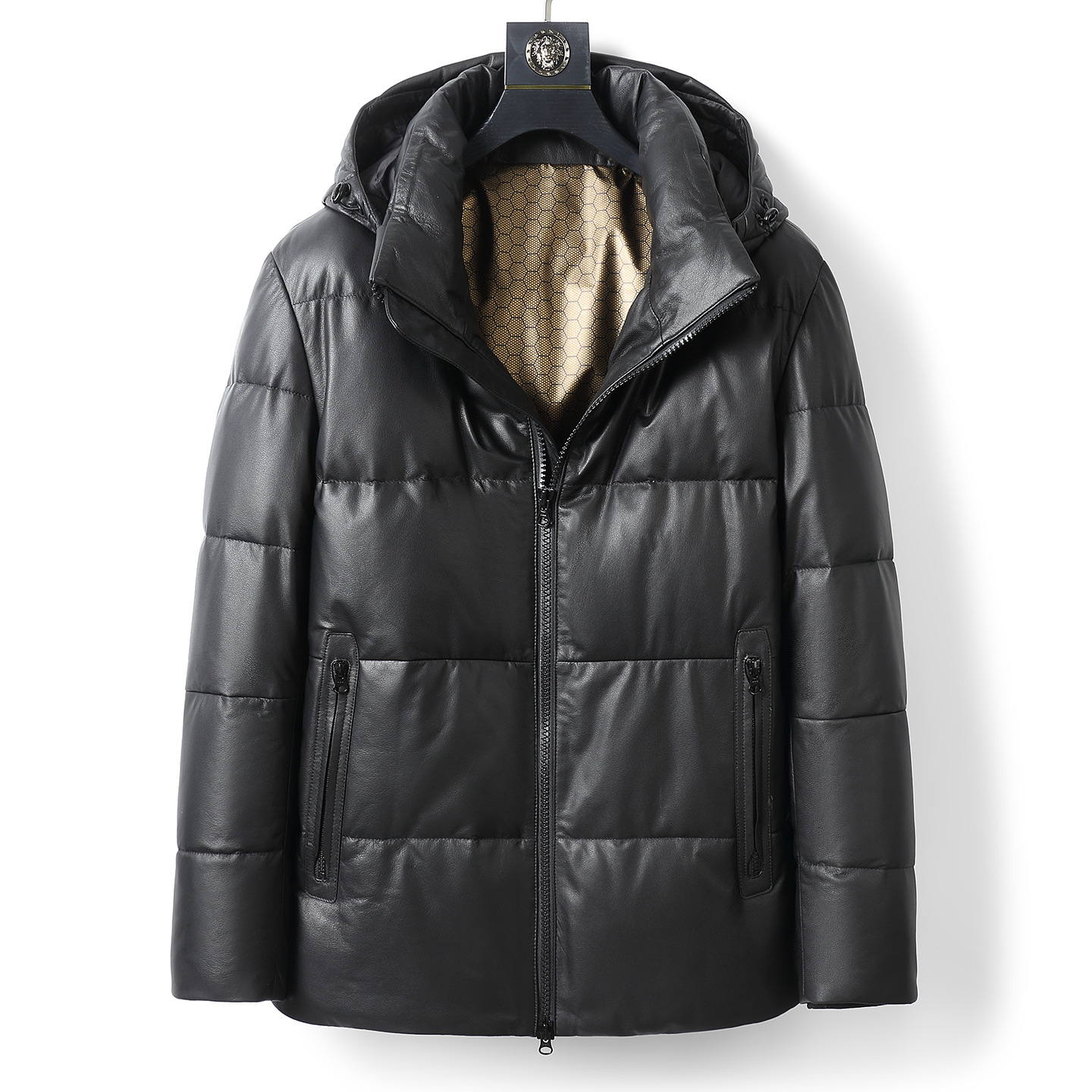 普洛克正品 皮衣皮夹克秋冬保暖加厚连帽鹅绒羽绒服轻奢男士外套