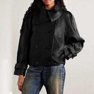山羊泡皮双排扣休闲大翻领美式 真皮皮衣新款 夹克 女装 普洛克正品