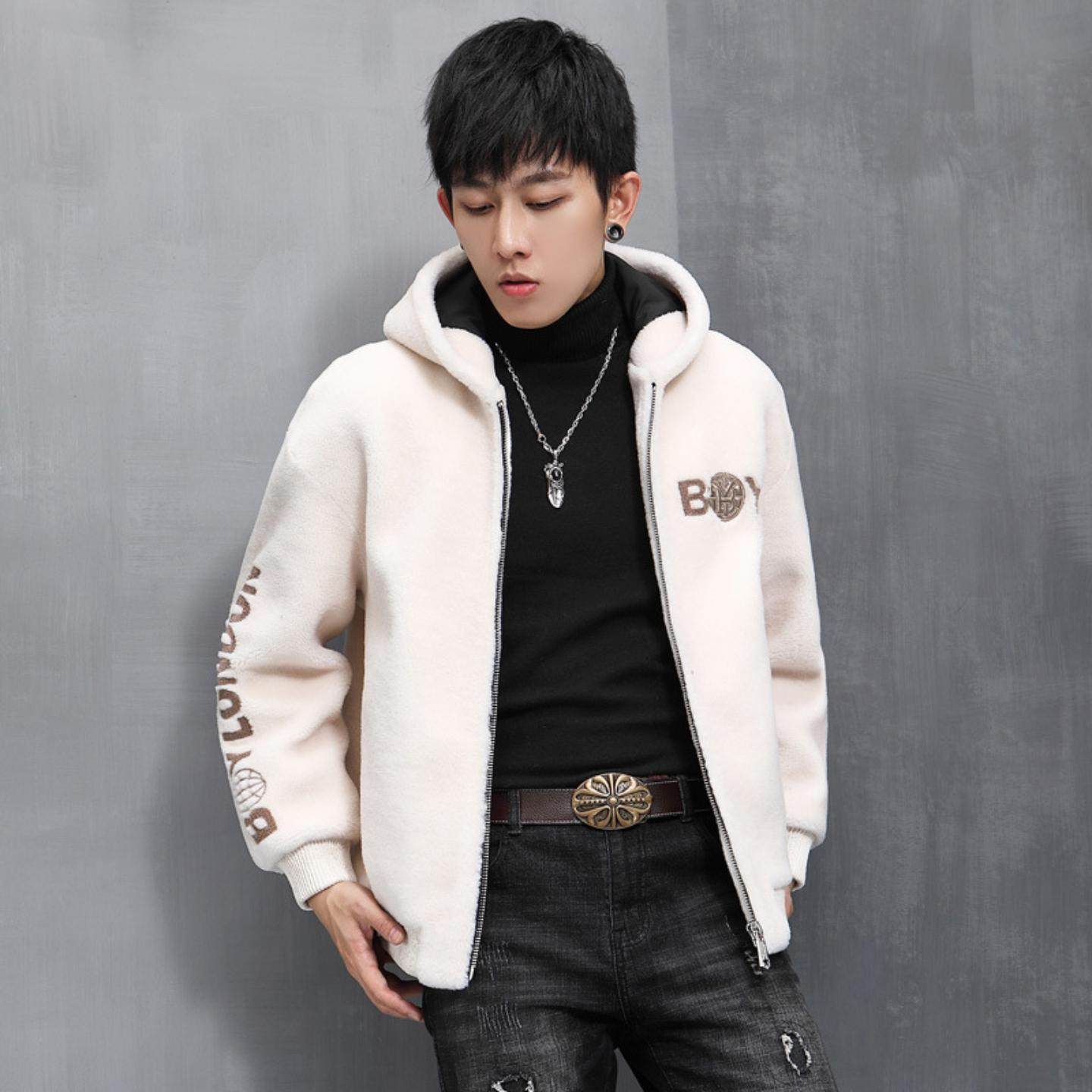 普洛克正品 一体男士短款连帽羊剪绒外套青年潮流羊羔毛皮草大衣