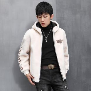 普洛克正品 一体男士短款连帽羊剪绒外套青年潮流羊羔毛皮草大衣