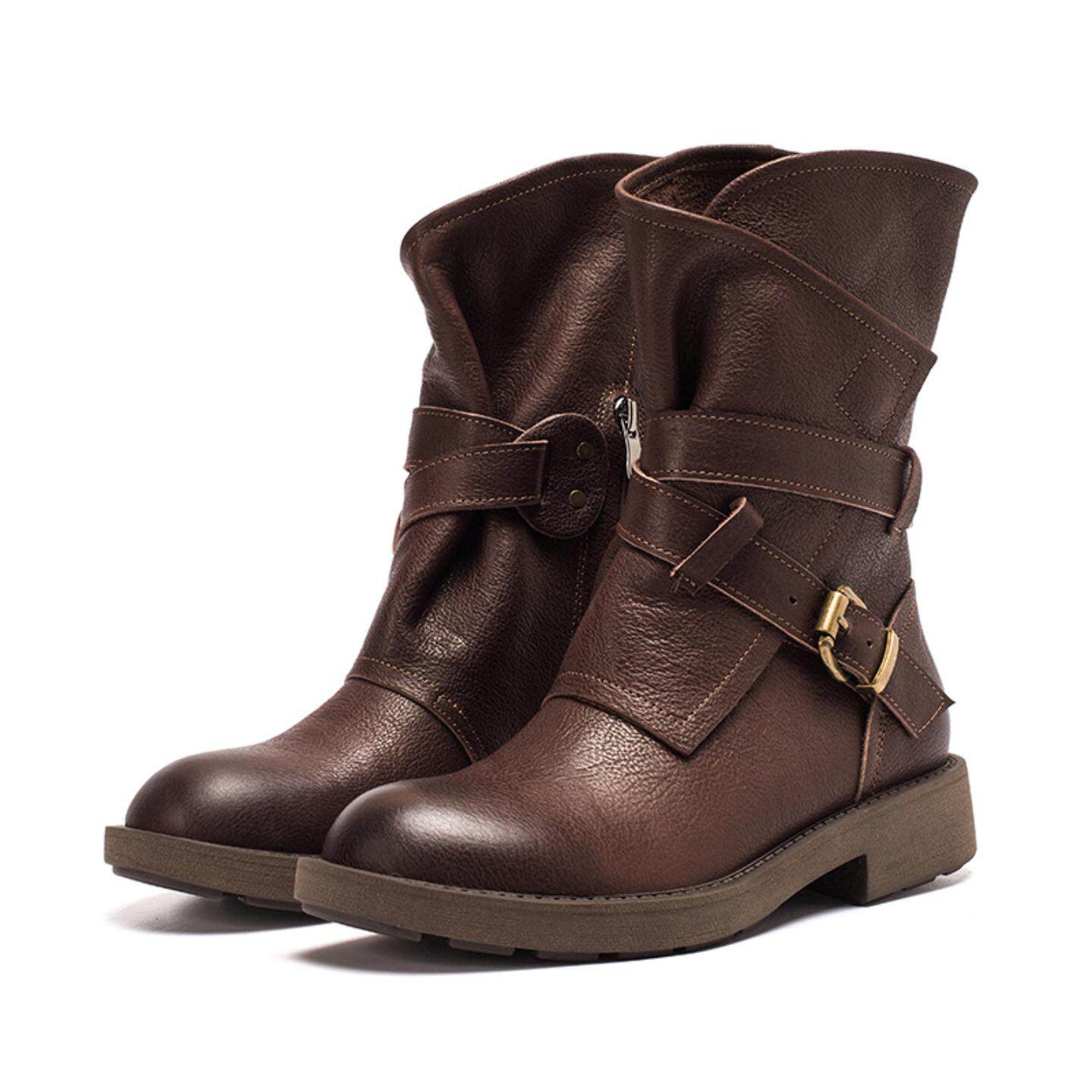 普洛克正品 头层牛皮秋冬新款中筒靴英伦风机车靴百搭皮带扣真皮