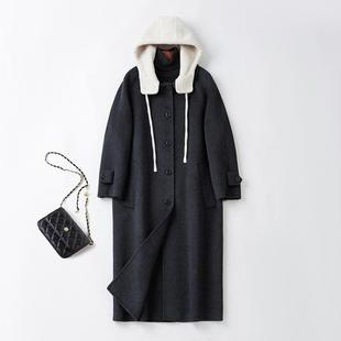 普洛克正品 山羊绒大衣女中长款连帽秋冬韩版宽松高档羊毛呢外套